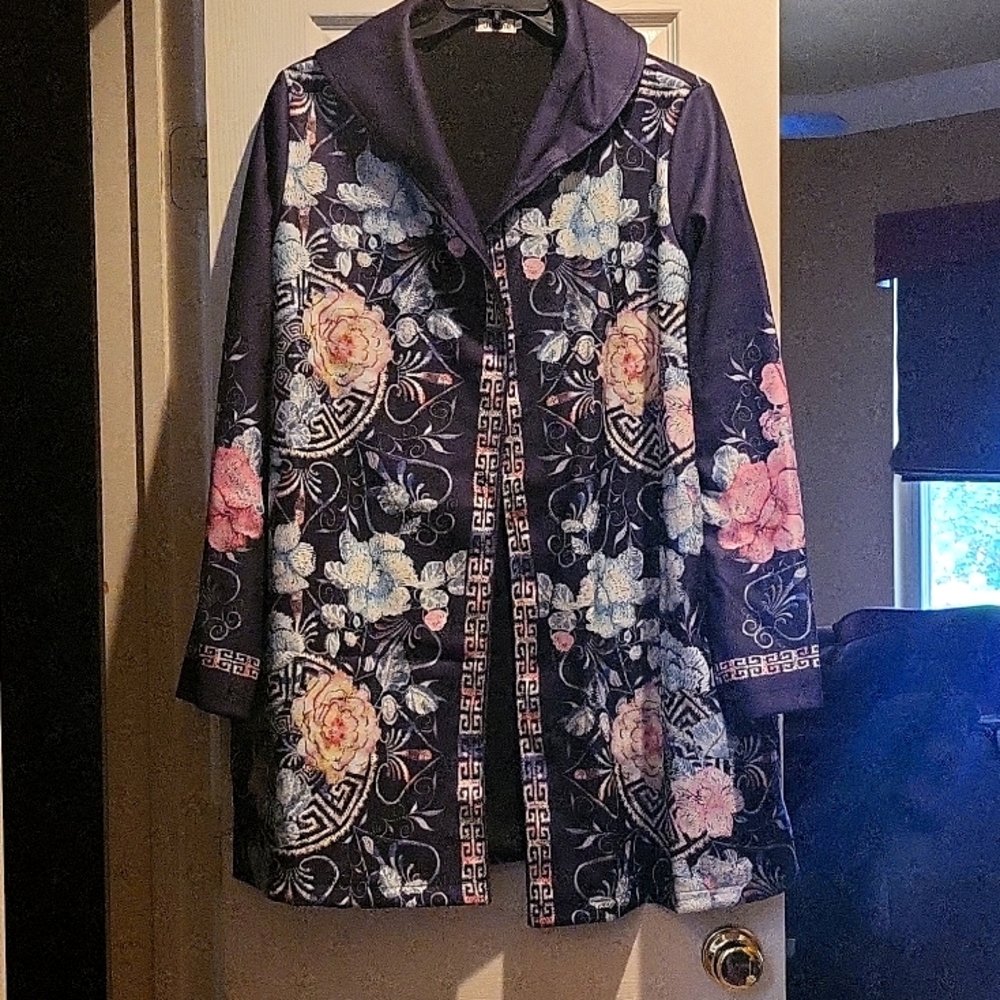 Exquisite blue and coral car coat with gorgeous A-line drape.